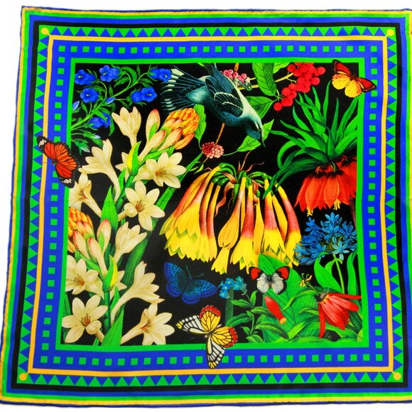 "Garden" - blue green floral 17" square mini silk neck scarf, scarf for bag - Picture 1 of 6